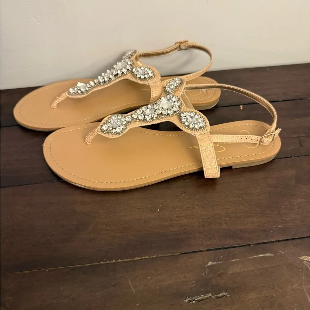 Jessica Simpson Tan Crystal T-Strap Sandals
